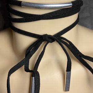 Silver Black Wrap Bow Tie Choker Necklace